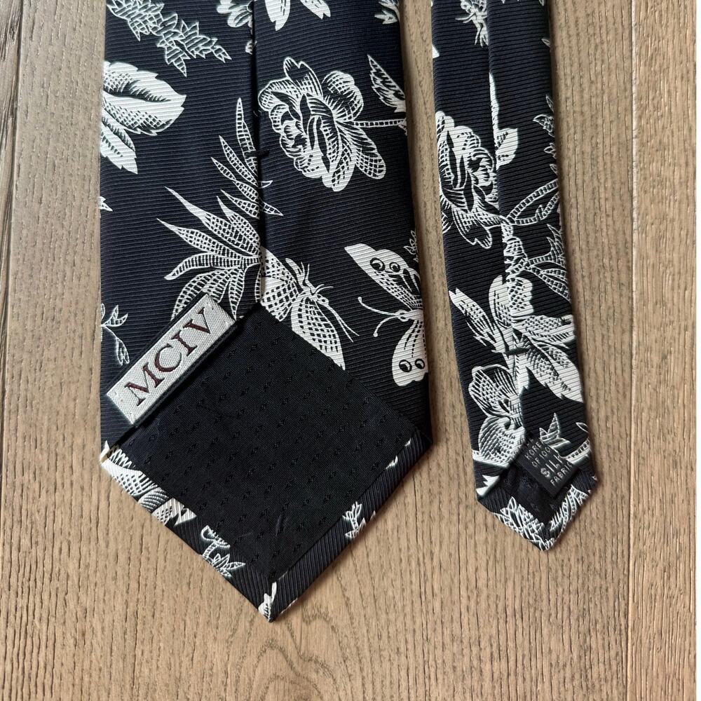 MCIV Mallory & Church Silk Butterfly Floral Tie Black White Men's Necktie